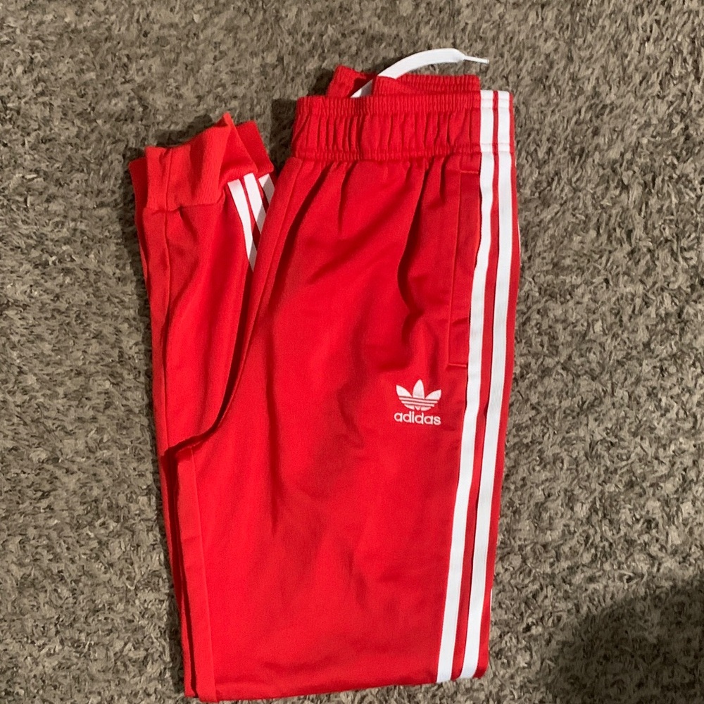 Adidas Kids Red Joggers with White Stripes size Large